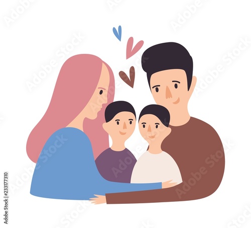 Portrait of loving family. Happy father, mother and pair of kids cuddling. Cute parents and children hugging. Funny cheerful cartoon characters. Colored vector illustration in modern flat style.