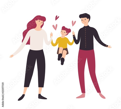Joyful father, mother and daughter walking together. Smiling dad, mom and the...
