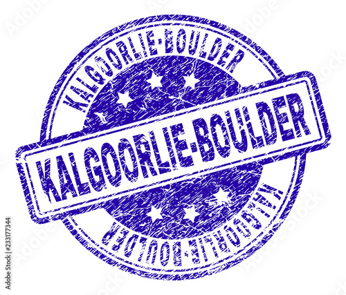 KALGOORLIE-BOULDER stamp seal imprint with distress texture. Designed with rounded rectangles and circles. Blue vector rubber print of KALGOORLIE-BOULDER title with dust texture.