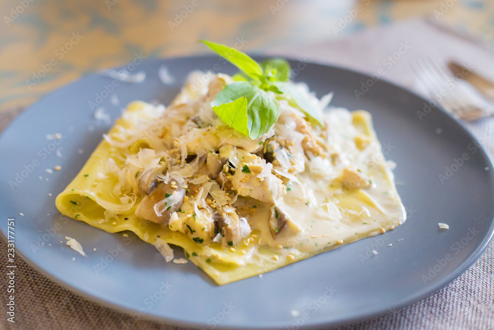 delicious macaroni pasta on a plate in a restaurant. delicious macaroni pasta on a plate in a restaurant.