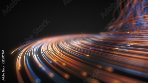 glowing fiber optic strings in dark. 3d illustration photo