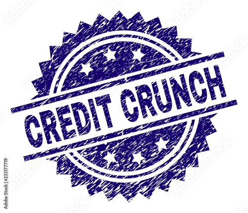 CREDIT CRUNCH stamp seal watermark with distress style. Blue vector rubber print of CREDIT CRUNCH tag with corroded texture.