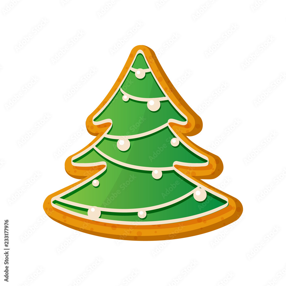 Fototapeta premium Gingerbread fir tree. Christmas ginger bread vector illustration isolated on white background.