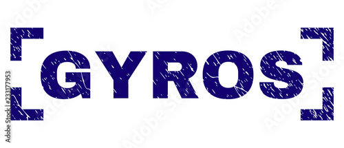 GYROS label seal imprint with grunge texture. Text label is placed between corners. Blue vector rubber print of GYROS with dust texture.