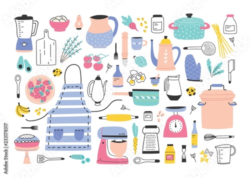Bundle of kitchen utensils, manual and electric tools for home cooking or homemade meals preparation, food ingredients and spices isolated on white background. Colorful flat vector illustration.