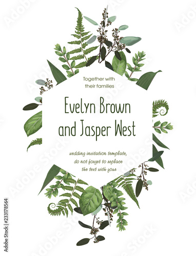 Wedding floral invitation, invite card. Vector watercolor set green forest fern, herbs, eucalyptus, branches boxwood, buxus. Botanical decorative frame, geometric
