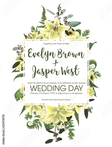 Wedding floral invitation, invite card. Vector watercolor green forest leaf, fern, branches boxwood, buxus, eucalyptus. Flowers of yellow, white lily, gerbera, dahlia. Decorative frame gold, square