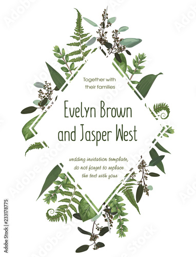 Wedding floral invite card. Vector watercolor green forest leaf, fern, branches boxwood, buxus, eucalyptus. Flowers of yellow, white lily, gerbera, dahlia. Decorative round frame, rhomb, geometric