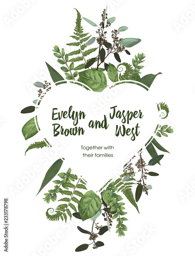 Valentine greeting card, invite card. Vector watercolor style herbs, eucalyptus,  forest fern, waxflower. Natural, branches boxwood, buxusDecorative heart frame