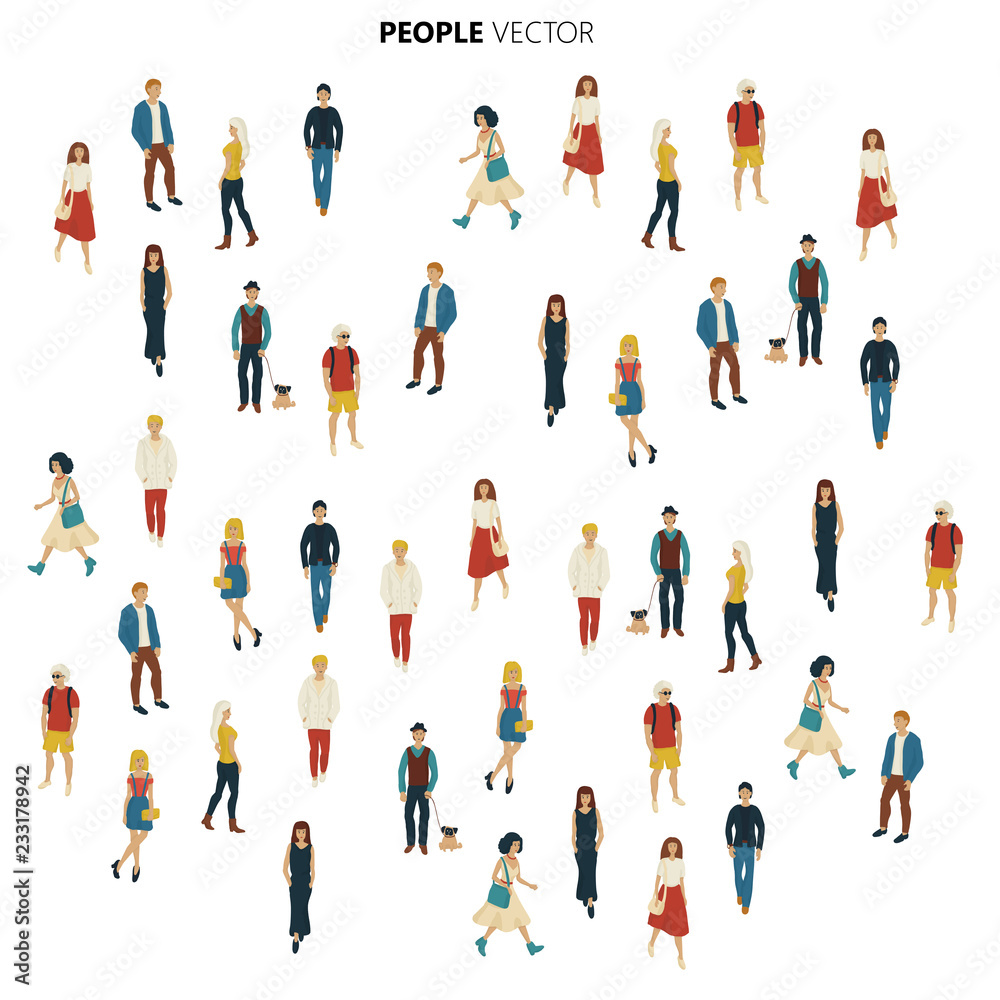 People crowd. Cartoon style illustration of young men and woman - obrazy, fototapety, plakaty 