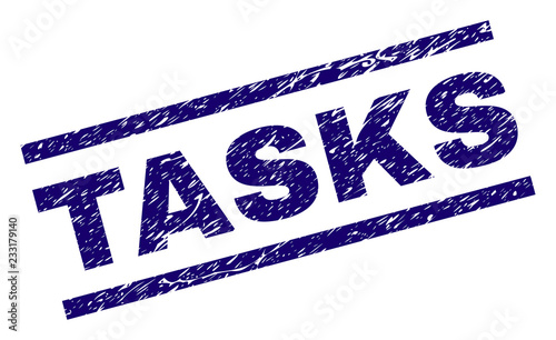 TASKS seal print with scratced style. Blue vector rubber print of TASKS caption with unclean texture. Text caption is placed between parallel lines.