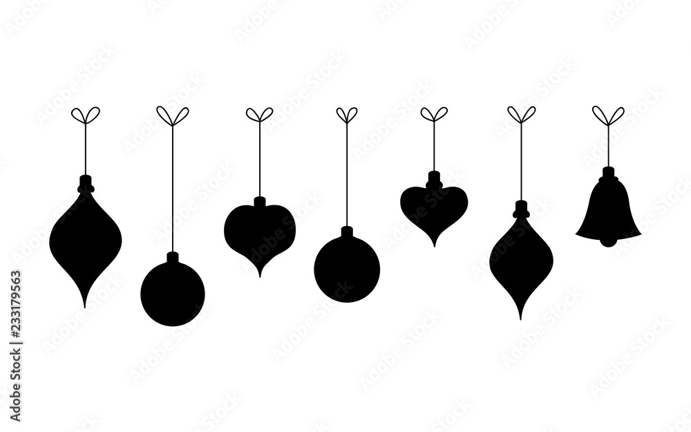 Set of hanging christmas balls on string vector illustration. Black  silhouette of different shapes of xmas ornaments, heart, round, bell and  drop. Festive traditional seasonal decoration. Stock Vector | Adobe Stock