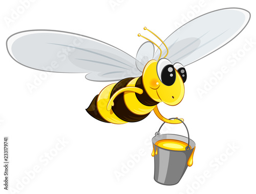 Character bee with a bucket. Flies to collect honey. Isolated on white background. EPS10 vector illustration.