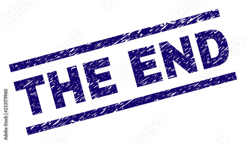 THE END seal print with grunge style. Blue vector rubber print of THE END title with scratched texture. Text title is placed between parallel lines.