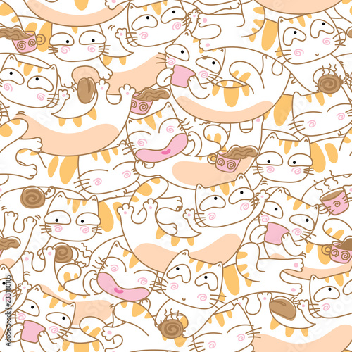 Wallpaper Mural Funny cats and coffee cup seamless pattern background Torontodigital.ca