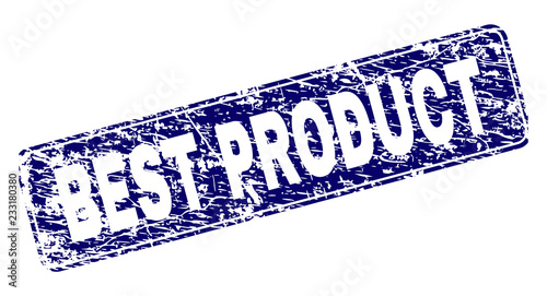 BEST PRODUCT stamp seal print with distress style. Seal shape is a rounded rectangle with frame. Blue vector rubber print of BEST PRODUCT caption with unclean style.