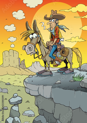 Wild west hero, cowboy riding horse at sunset
