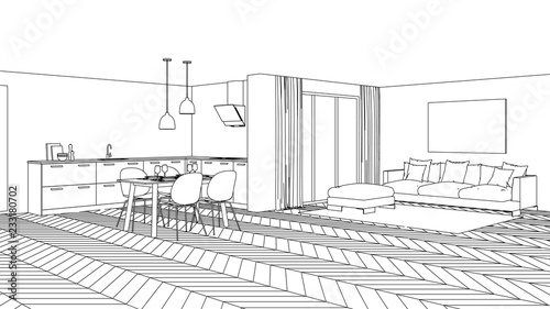 Modern house interior. Design project. Sketch. 3D rendering. © artemp1