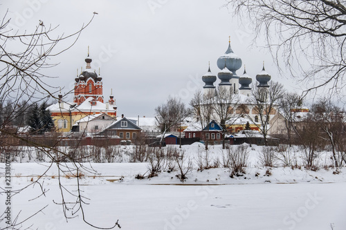 Historical and tourist places in Russia. Tikhvinsky Uspensky Monastery. Panorama in winter.