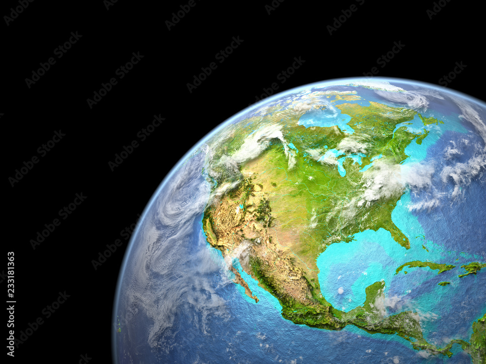 Fototapeta premium North America on Earth from space. Very fine detail of planet surface, realistic clouds and visible ocean floor.