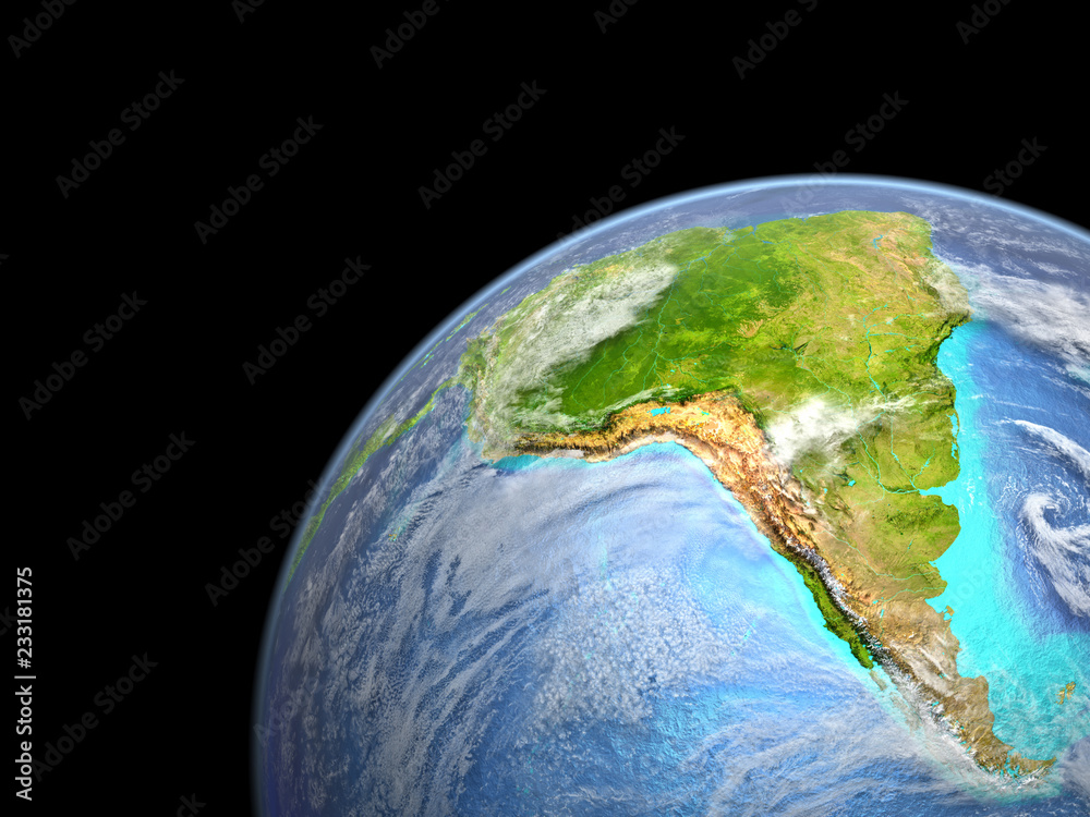 Fototapeta premium South America on Earth from space. Very fine detail of planet surface, realistic clouds and visible ocean floor.