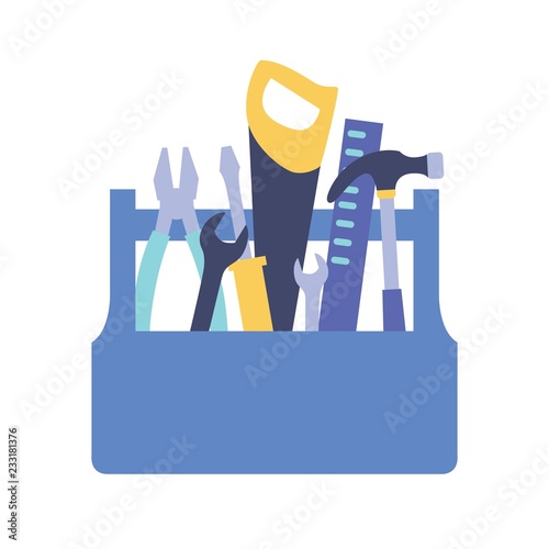 Wooden toolbox with handle full of tools for home maintenance and repair - hammer, saw, wrench, screwdriver, ruler, pliers. Toolkit isolated on white background. Colorful flat vector illustration.