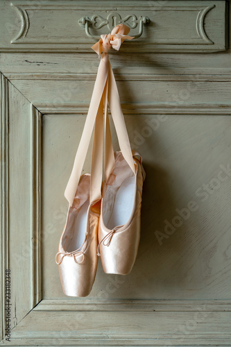 Pink pointes with ribbons and flowers. Spring ballet shoes with roses on the background. Vintage background. Soft light. Copy space