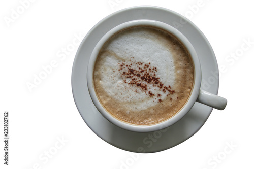 A cup of coffee in the wooden table on isolate white background with clipping path.