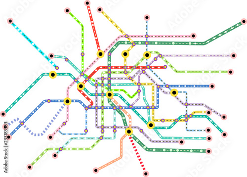 Subway public transportation map of a large city, fictional vector art,isolated on white background, free copy space