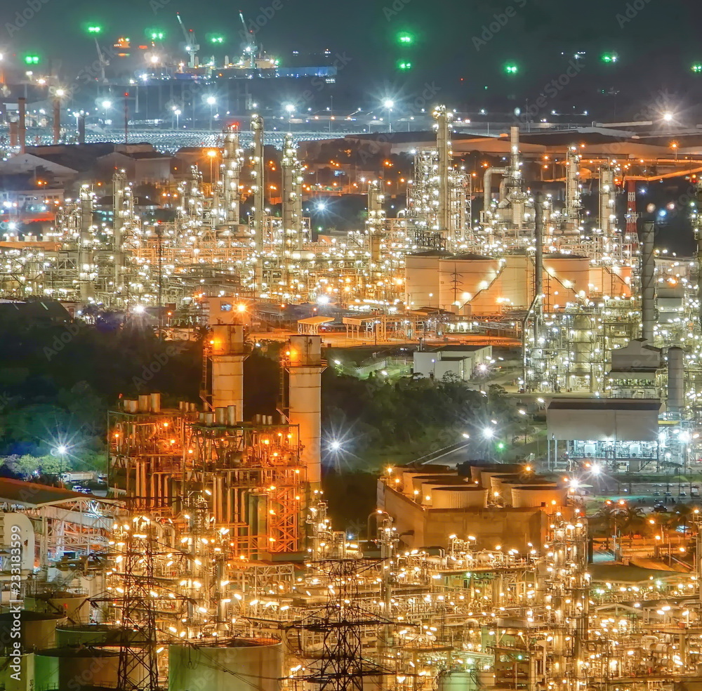 The illumination of the refinery lamp at the beautiful night.Oil refining industry.