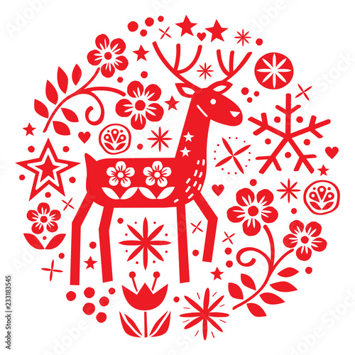 Christmas vector round design with reindeer, flowers, cute Scandinavian folk art pattern in red on white background - Merry Christmas decoration