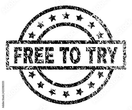 FREE TO TRY stamp seal watermark with distress style. Designed with rectangle, circles and stars. Black vector rubber print of FREE TO TRY tag with unclean texture.
