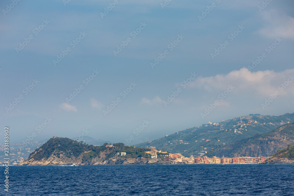 The Ligurian coastal town of Rapallo in Italy, as seen from the sea