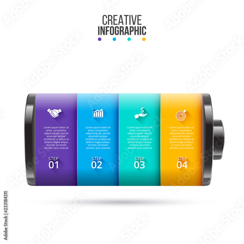 Vector battery element for infographic. Business concept with 4 options, parts, steps or processes.
