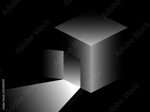 Isometric cube with door, light from an open door. Retro surrealism in gray shades. Black white vector illustration