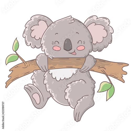 Cute happy koala hangs on a branch