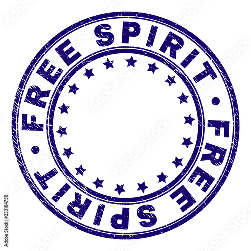 FREE SPIRIT stamp seal imprint with distress texture. Designed with circles and stars. Blue vector rubber print of FREE SPIRIT caption with corroded texture.