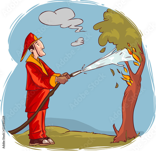 vector illustration of a The firemen extinguished the burning tree water
