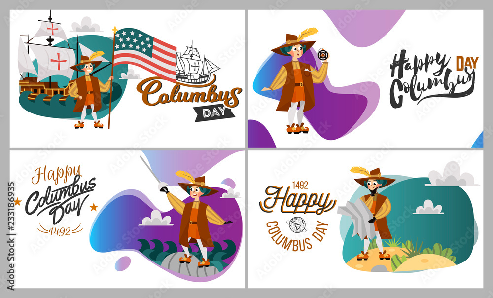 Columbus Day set with ship map helm compass symbols greeting card lettering text logo design