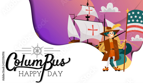 Columbus Day poster with Columb and Santa Maria card text logo design template,