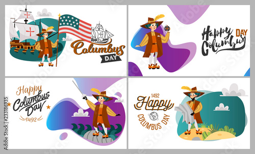 Columbus Day set with ship map helm compass symbols greeting card lettering text logo design