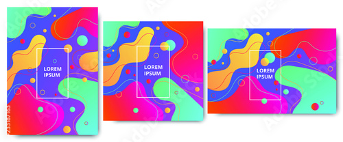 Creative abstract fluide shape geometric pattern background or wallpaper set. Trendy  colorsul vibrant gradient shapes composition texture. Tree version of formats  vertical  horisontal  square.