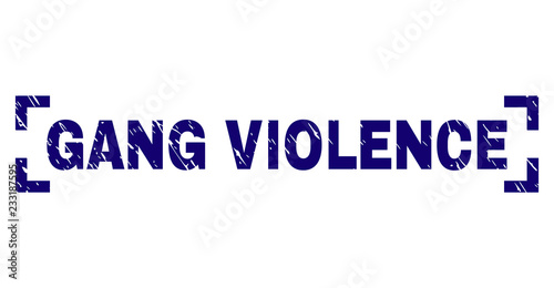 GANG VIOLENCE text seal print with corroded style. Text tag is placed between corners. Blue vector rubber print of GANG VIOLENCE with unclean texture.