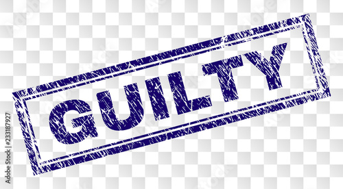 GUILTY stamp seal print with rubber print style and double framed rectangle shape. Stamp is placed on a transparent background. Blue vector rubber print of GUILTY caption with dust texture. photo