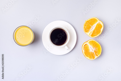 Group Useful Colorful Beverages Drink Coffee Orange Juice Ripe Oranges Flat Lay Still Life Table Top View Blue Background Minumal Breakfast Concept