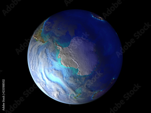 Antarctica on planet Earth from space illuminated by city lights. 3D illustration isolated on white background.