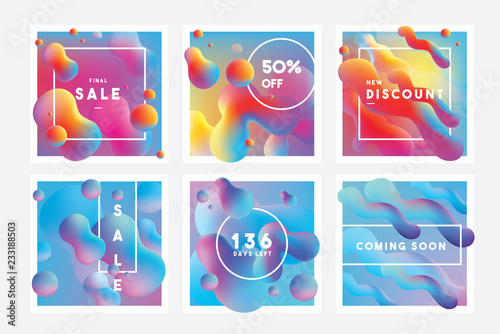 Set of vibrant colorful banner templates with marketing announcements and floating liquid gradient shapes in blue, purple, pink and yellow color combinations