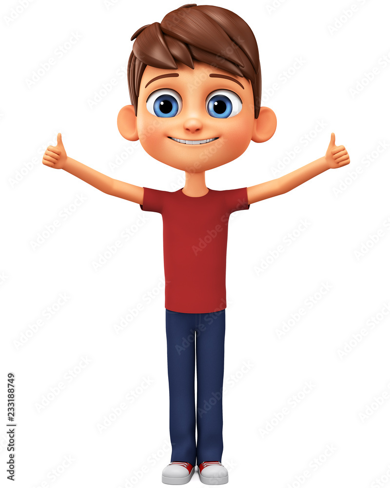 Cartoon character cheerful boy in red t-shirt shows two thumbs up on white background. 3d rendering illustration. Cartoon character cheerful boy in red t-shirt shows two thumbs up on white background. 3d rendering illustration.