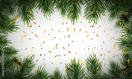 Winter holiday background with fir leaf border. Isolated Christmas Frame with tree branches and golden confetti. Vector Illustration.