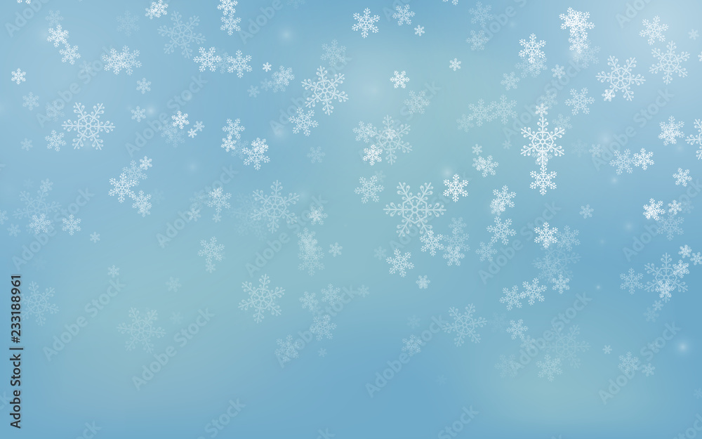 Falling Christmas snowflakes on blue background. Merry Christmas background. Winter season. Vector illustration